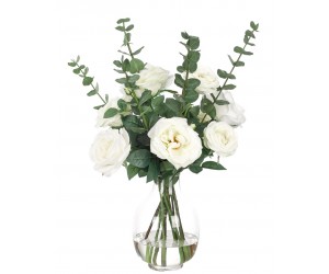 Цветы ROSE, EUCALYPTUS, белые в стеклянной вазе
