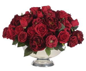 Цветы ROSE, красные в серебряной чаше-пьедестал