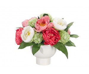 Цветы PEONY, бело-розовые в белой керамической вазе