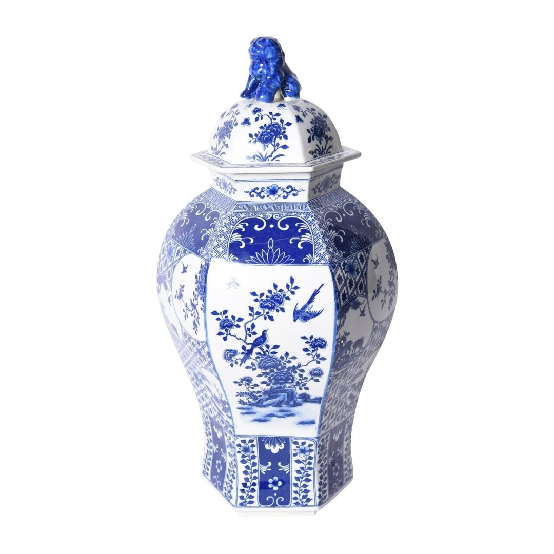 Ваза керамическая  Blue & White Hexagonal Floral Bird Medallion Temple Jar