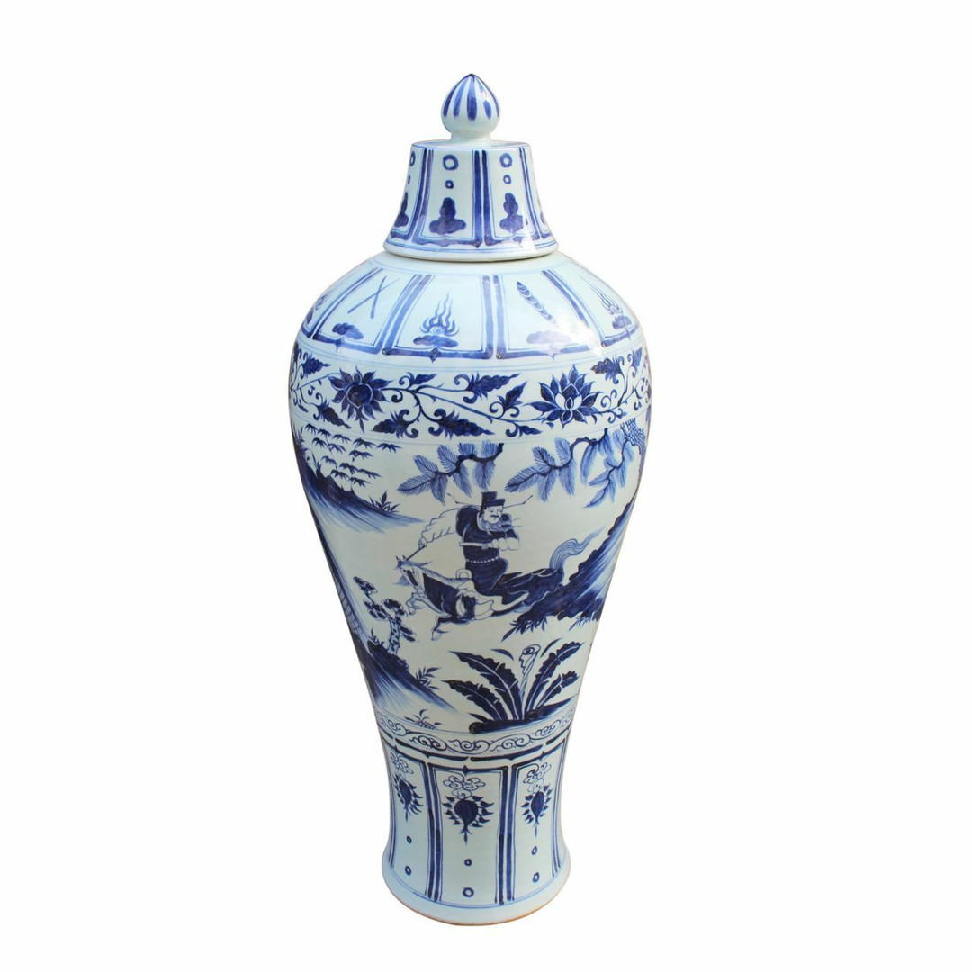 Ваза керамическая бело-голубая Lidded Plum Vase Warrior Riding Horse